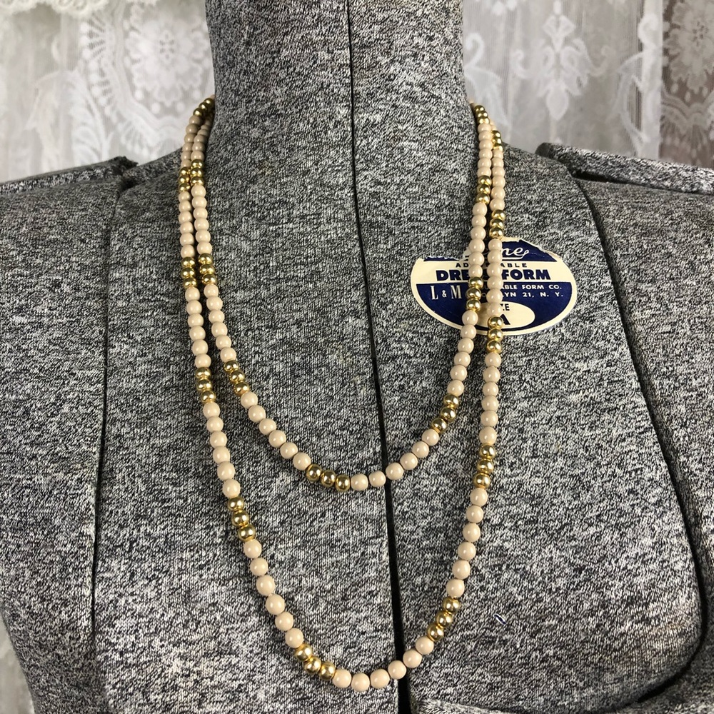 Vintage Long or Double Strand Beaded Necklace Neutral and Gold Tone